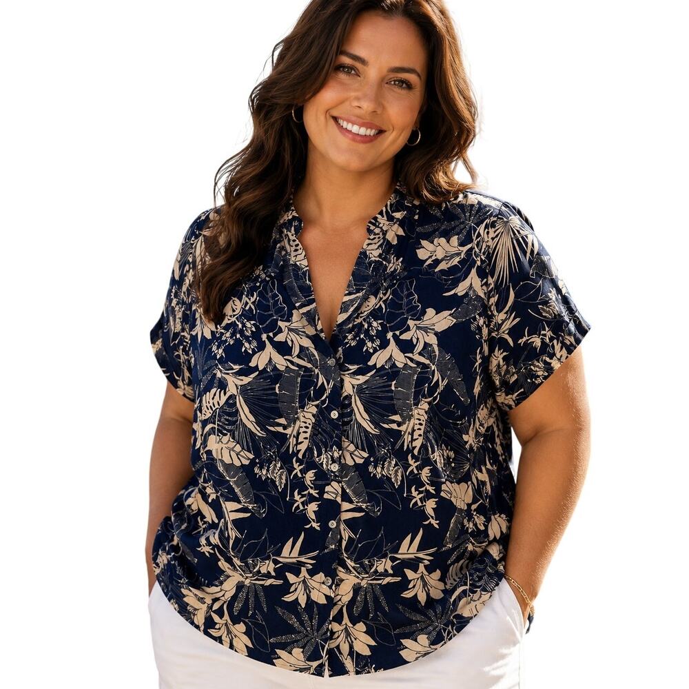 Panama Jack Tropical Floral Button Shirt Womens Size 1X Blue Linen Blend Top